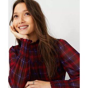 Ann Taylor Womens XL Tall Plaid Smocked Ruffle Top Long Sleeve Blouse Shirt